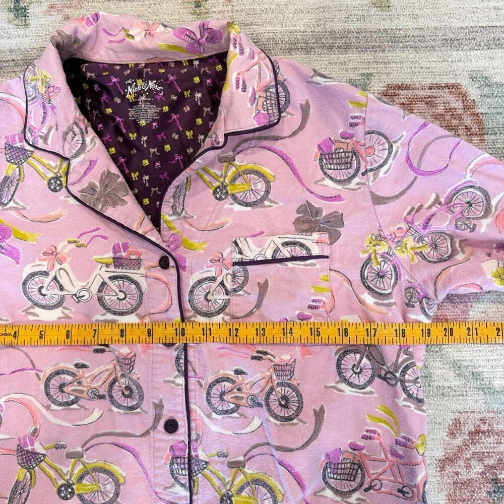 Nick & Nora Pink Bicycle Flannel Pajama Button Top Size Medium Cozy Warm Soft - Picture 5 of 6